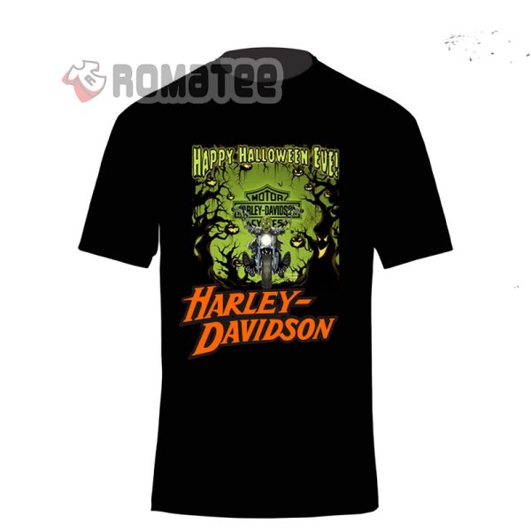 Happy Halloween Eve Halloween Harley Davidson Shirt 2, Motorcycles Zombie Driving In Horror Land Pumpkin Halloween Tree T-Shirt, Costume Harley Davidson Halloween Shirt