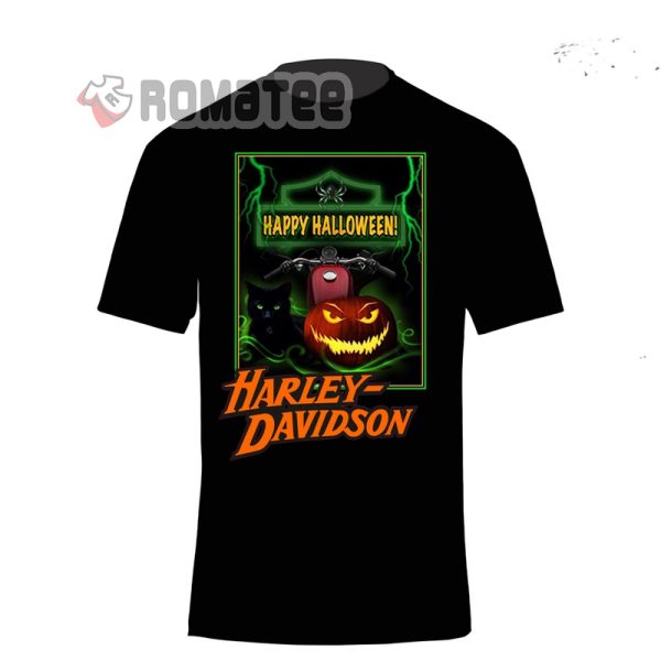 Happy Halloween Harley Davidson Horror Pumpkin And Black Cat Spider T-Shirt 2, Thunder Costume Harley Davidson Halloween Shirt