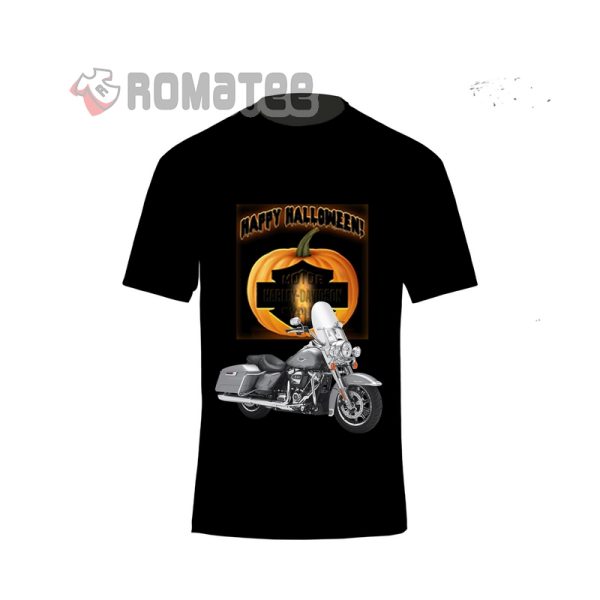 Happy Halloween Harley Davidson Logo In Pumpkin And Motorcycles T-Shirt, Costume Harley Davidson Halloween Shirt