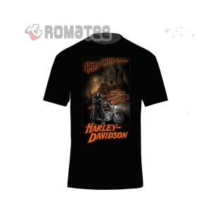 Happy Halloween Harley Davidson Skeleton Motorcycles Horror Castle Night Moon T Shirt 2 Halloween Tree Pumpkin Bats Costume Harley Davidson Halloween Shirt