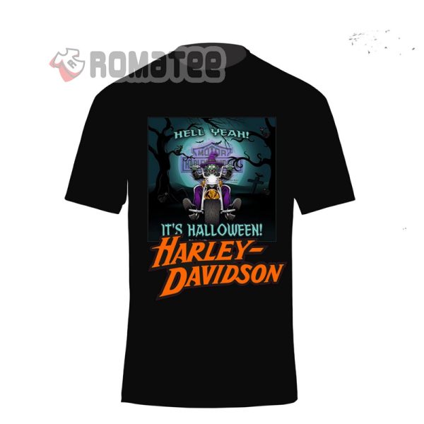 Hell Yeah It’s Halloween, Witch Driving Harley Davidson Motorcycles Through Cemetery Horror Night Shirt 2, Costume Harley Davidson Halloween Shirt