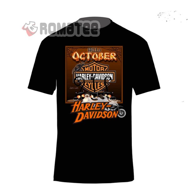 Hello October Halloween Harley Davidson Spider Horror T-Shirt, Harley Davidson Flaming Motorcycles Halloween Shirt, Costume Harley Davidson Halloween Shirt