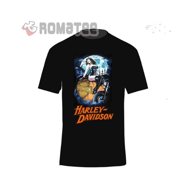 Lady Rider Harley Davidson Motorcycles Halloween Pumpkin T-Shirt, Horror Night Moon And Tree Halloween Shirt 2, Costume Harley Davidson Halloween Shirt