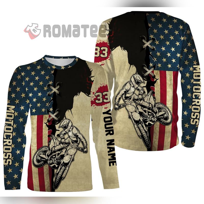 American Flag Cracked Hole Motocross Personalized Name And Number 3D All Over Print Shirt