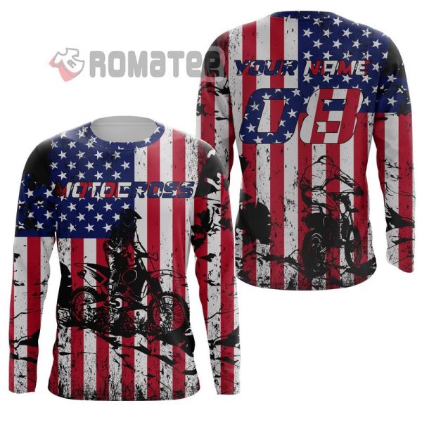 Motocross Jersey Customizable American Flag 3D All Over Print Long Sleeve Shirt