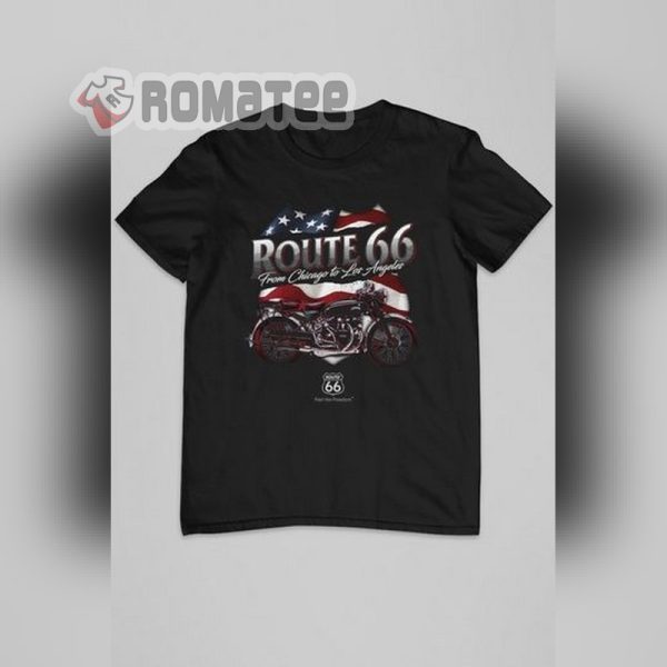 Route 66 Motorcycle From Chicago To Los Angeles American Flag T-Shirt