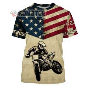 Vintage American Flag Motocross Custom Name And Number 3D All Over Print Shirt 1