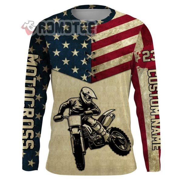 Vintage American Flag Motocross Custom Name And Number 3D All Over Print Shirt