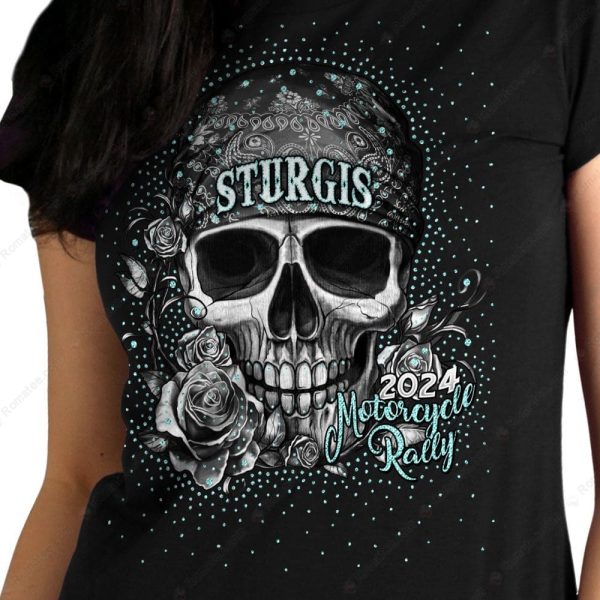 Bandana Skull And Roses Womens Sturgis T-Shirts, Sturgis Bike Rally 2024 Merch