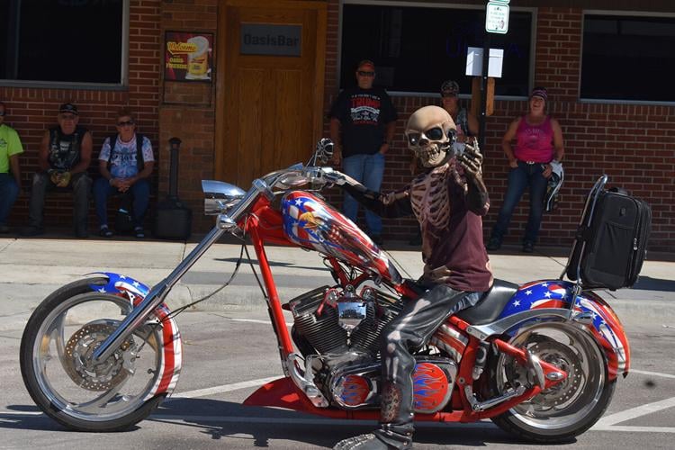 Biker in Skeleton Skull Outfit Rides at Sturgis Rally 1