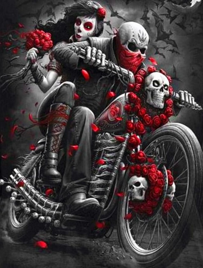 Ladies Skull and Rose on Motorcycle