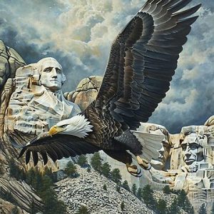 Bald eagle flying over Mount Rushmore of South Dakota