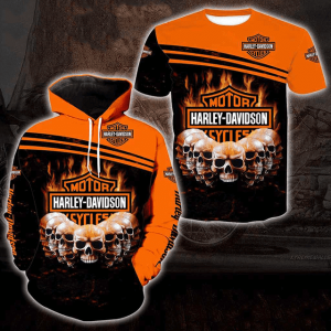 Flaming Harley Davidson Logo Merch, Harley Davidson Many Skull 3D Hoodie All Over Print