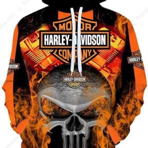 Flaming Punisher Harley Davidson Skull 3D Hoodie All Over Print