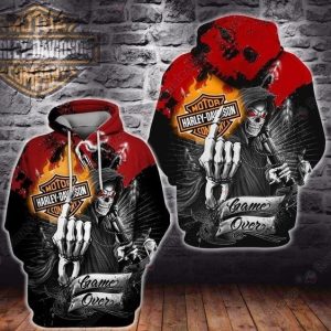 Grim Reaper Game Over Harley Davidson Motocycle 3D Hoodie All Over Print