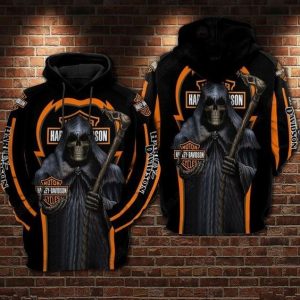 Grim Reaper Holding Harley Davidson Motocycle Logo 3D Hoodie All Over Print
