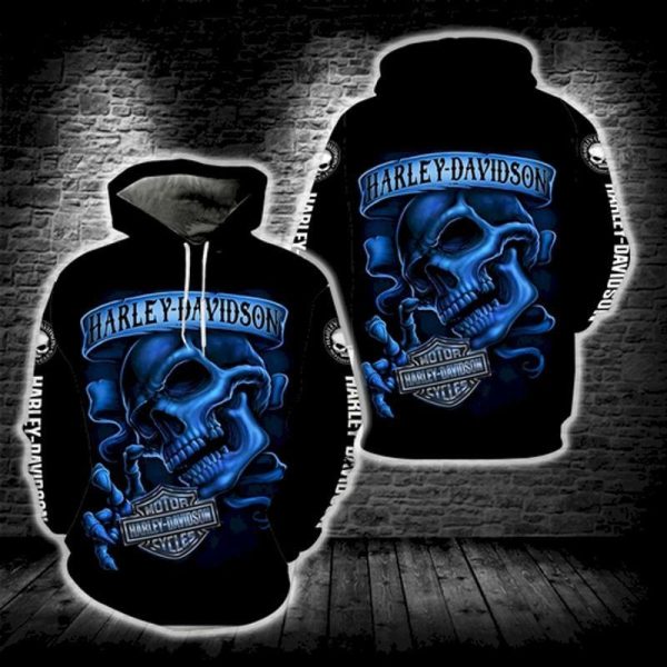 Harley Davidson Skull Blue Hold Logo 3D Hoodie All Over Print