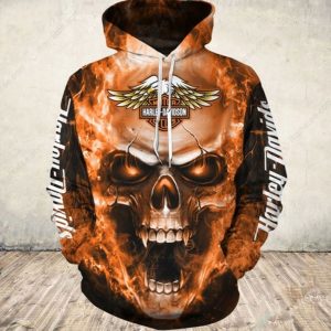 Horror Skull Fire Harley Davidson Motorcycle Wings Anger Logo Racing 3D Hoodie All Over Print