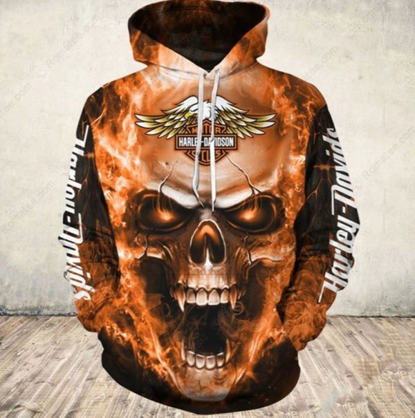 Horror Skull Fire Harley Davidson Motorcycle Wings Anger Logo Racing 3D Hoodie All Over Print