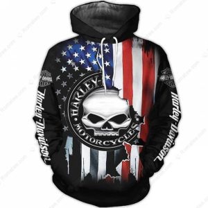 The Flag Of The United States Of America Skull Harley Davidson Motorcycles 3D Hoodie All Over Print