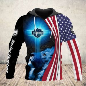 Blue Lion Harley-Davidson Hoodie, Cross with American Flag Harley-Davidson 3D All Over Print