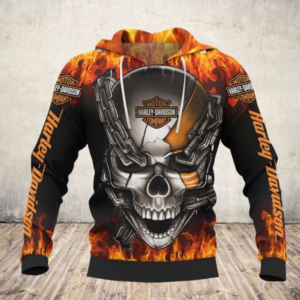 Cool Iron Chain Skull Flaming Harley-Davidson Merch, Skull with Chains Harley-Davidson Hoodie