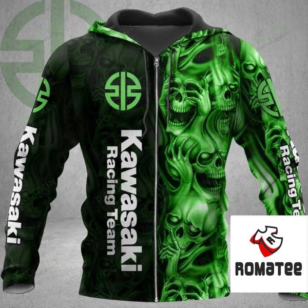 Edgy Kawasaki Racing Team Gothic Three Wise Skulls Hoodie, See No Evil Motorsport Edition