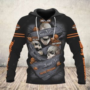 Edgy Rose Skull Graphic Harley Davidson Hoodie See No Evil Hear No Evil Speak No Evil Bold Black and Gray Harley Davidson Hoodie 1