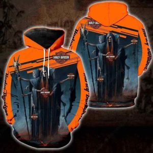 Eerie Grim Reaper Harley-Davidson Merch, Bold Orange and Dark Aesthetic 3D All Over Print