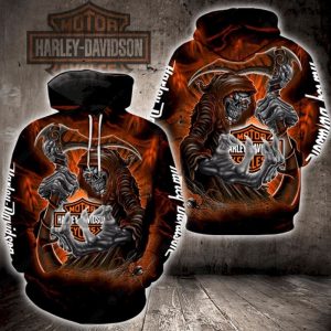 Fiery Grim Reaper  Harley-Davidson Merch, Bold Black and Orange Harley-Davidson Hoodie