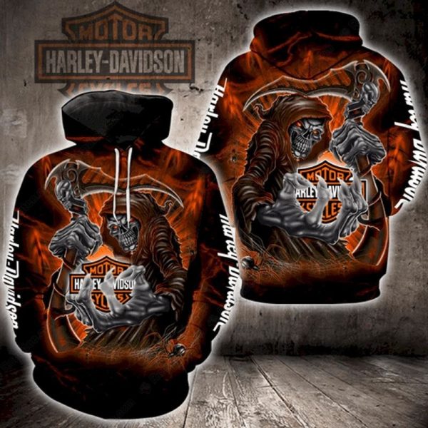 Fiery Grim Reaper  Harley-Davidson Merch, Bold Black and Orange Harley-Davidson Hoodie