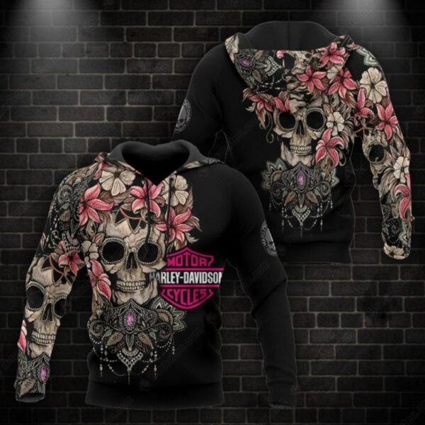 Gothic Floral Skull Harley-Davidson Hoodie, Bold Colors & Unique Design Life and Death Hoodie