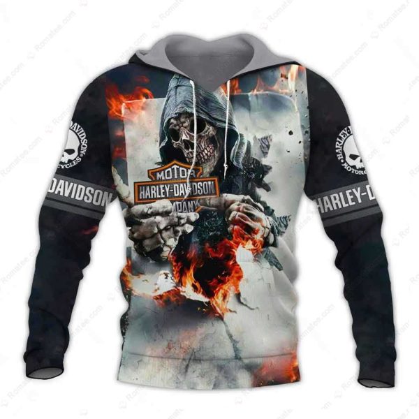 Grim Reaper Holding Logo Harley-Davidson Merch, Dramatic Skull and Flames Hoodie