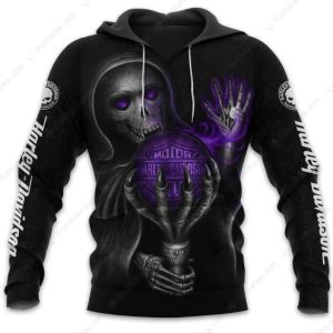 Grim Reaper Holding Purple Orb Harley-Davidson Logo Hoodie, Grim Reaper Graphic with Ethereal Purple Smoke Hoodie