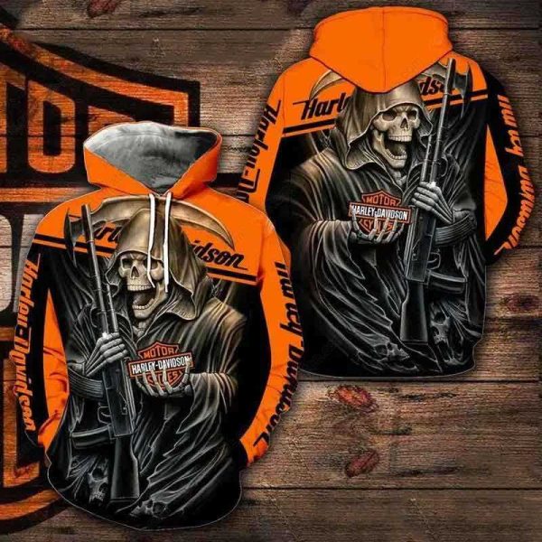 Grim Reaper Skull in Hood Merch,  Grim Reaper Skull Graphic with Rifle Harley-Davidson Hoodie