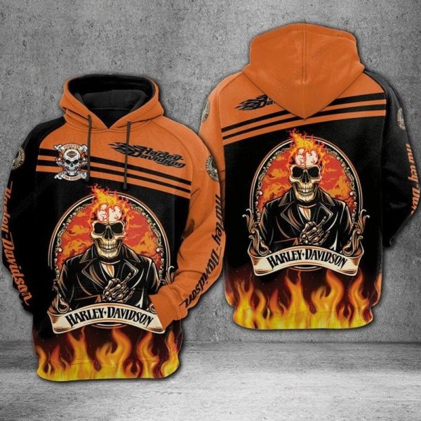 Harley-Davidson Biker Hoodie, Bold Skull and Flame Design in Orange and Black Hoodie