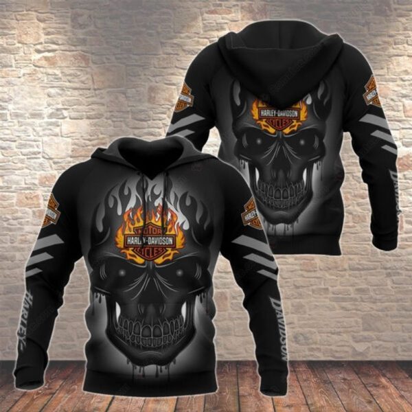 Harley-Davidson Black Glossy Skull and Flame Merch, Bold Harley-Davidson Skull Hoodie