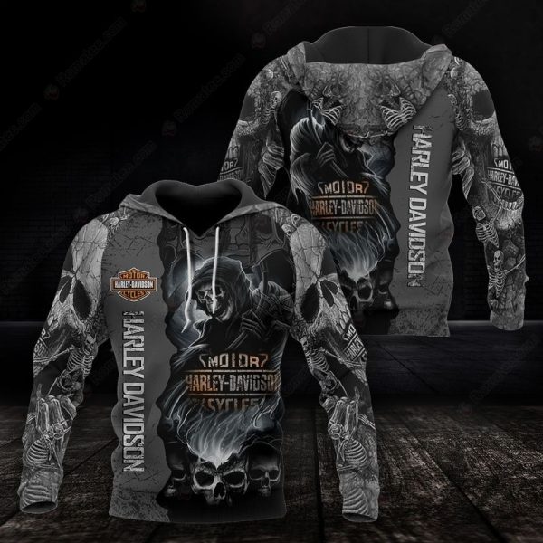 Harley-Davidson Black Grim Reaper Merch, Bold Black and Gray Grim Reaper and Motorcycle Hoodie