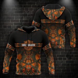 Harley-Davidson Camouflage Pattern and Edgy Skull Merch, Bold Black and Orange Harley-Davidson Hoodie