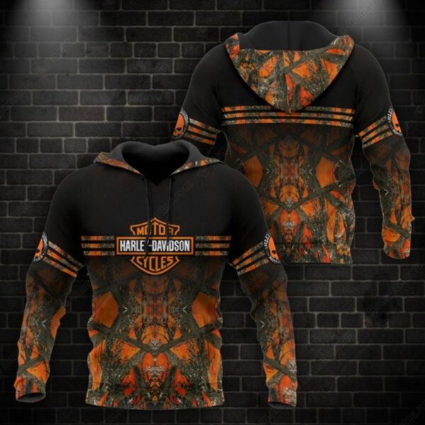 Harley-Davidson Camouflage Pattern and Edgy Skull Merch, Bold Black and Orange Harley-Davidson Hoodie