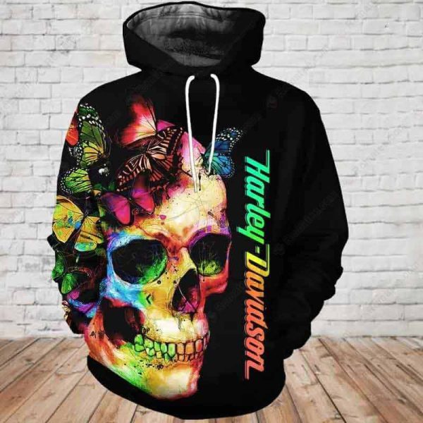 Harley-Davidson Colorful Skull and Butterfly Hoodie 3D All Over Print