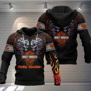 Harley-Davidson Confrontation of Skulls with Flames Merch, Fiery Harley-Davidson Hoodie