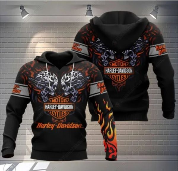 Harley-Davidson Confrontation of Skulls with Flames Merch, Fiery Harley-Davidson Hoodie