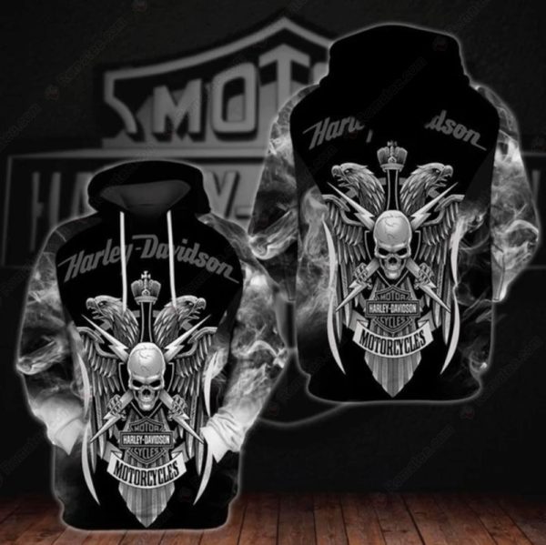 Harley-Davidson Crowned Skull and Eagles Merch,  Bold Black And White Harley-Davidson Hoodie