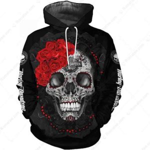 Harley-Davidson Day of the Dead Hoodie, Harley-Davidson Sugar Skull With Roses 3D All Over Print