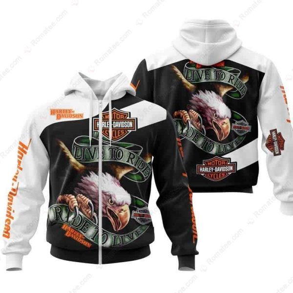 Harley-Davidson Eagle Live to Ride Ride to Live Hoodie, Fierce Eagle Graphic and Brand Logos 3D All Over Print