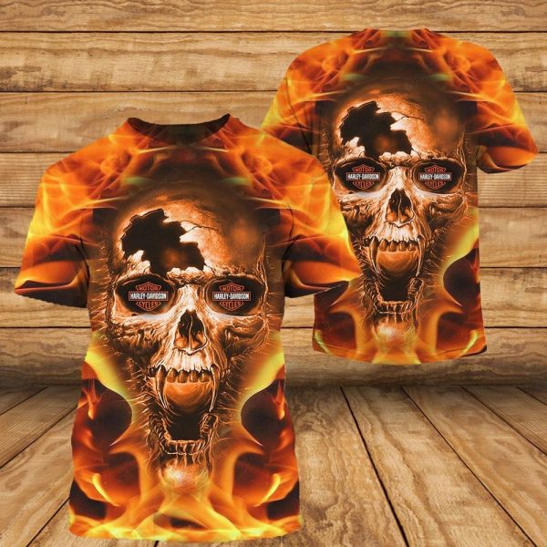 Harley Davidson Fiery Broken Skull Hoodie, Dramatic Flaming Skull Harley Davidson Graphic Design