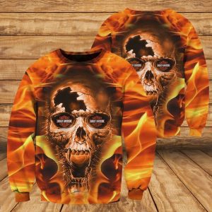 Harley Davidson Fiery Broken Skull Hoodie Dramatic Flaming Skull Harley Davidson Graphic Design 3 long sleeve