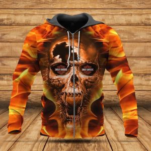 Harley Davidson Fiery Broken Skull Hoodie Dramatic Flaming Skull Harley Davidson Graphic Design 4 zip hoodie