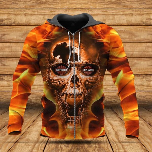 Harley Davidson Fiery Broken Skull Hoodie, Dramatic Flaming Skull Harley Davidson Graphic Design